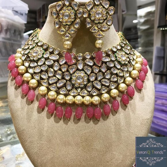 VeroniQ Trends™ Jewelry - VeroniQ Trends-Beautiful Heavy Bridal Kundan Necklace with Pink Beads And Pearls